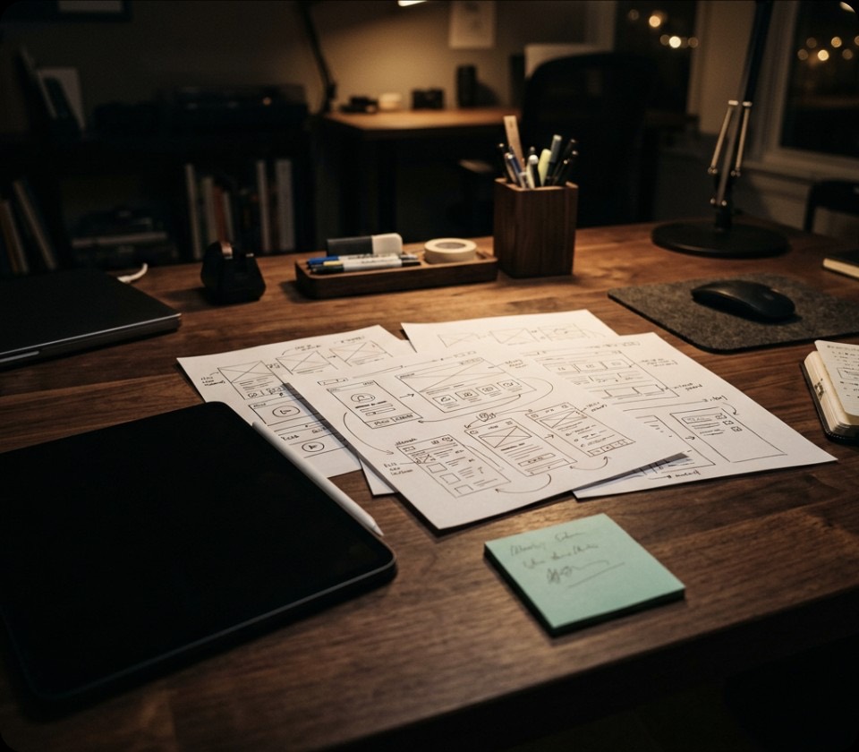 A designer's desk in low light with paper wireframes, a stylus and a tablet