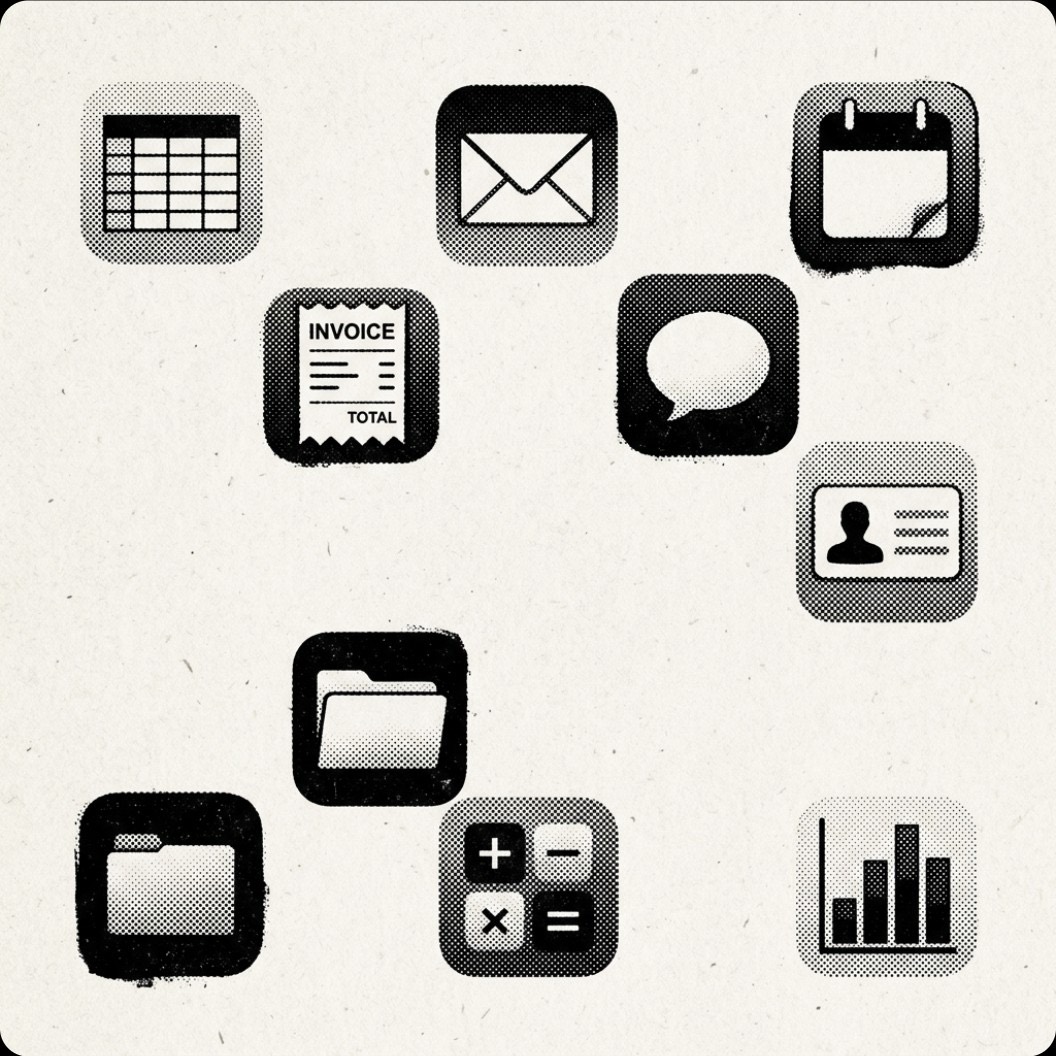 Halftone print of a dozen software icons scattered apart with nothing connecting them