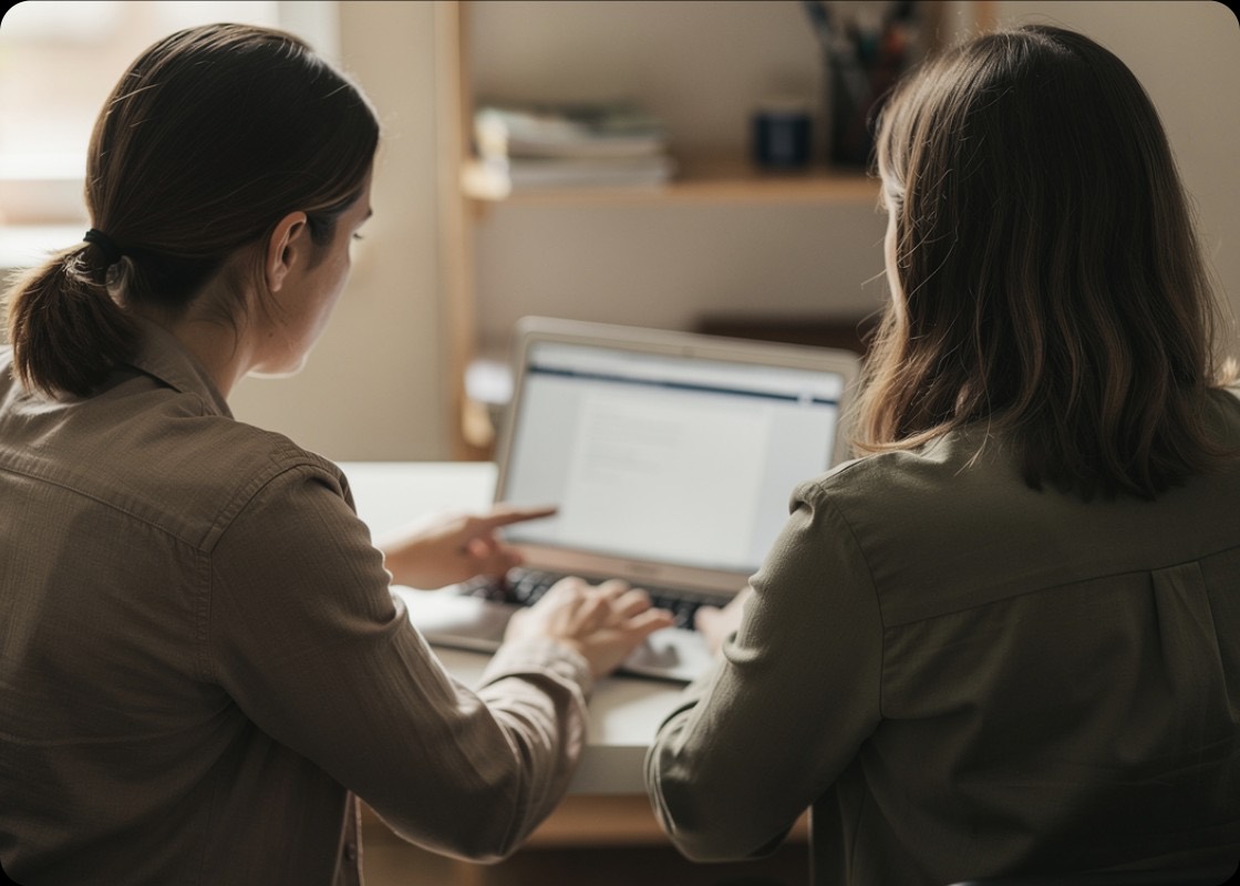 Two people working through a workflow together at a laptop