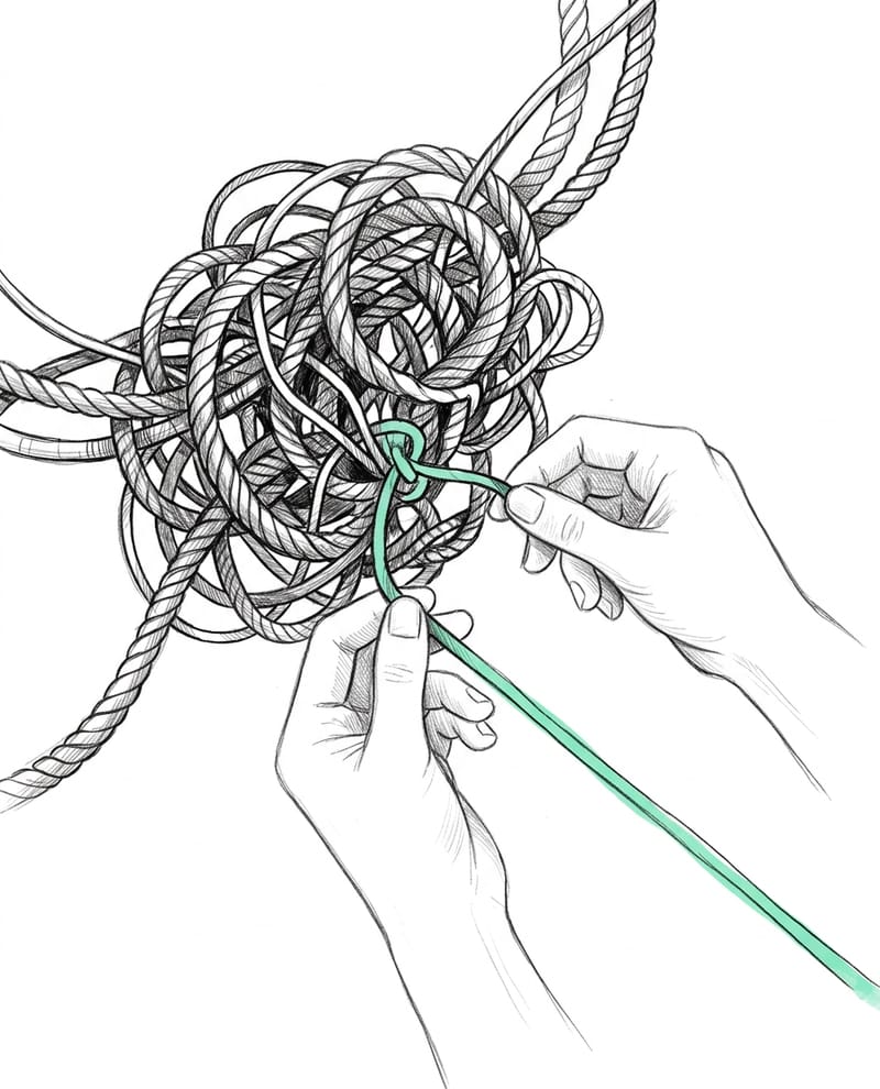 Illustration: two hands pick apart a tangled knot of rope, and one strand pulled free runs out in mint.