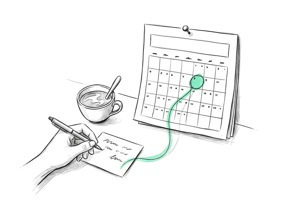 Pencil drawing of a hand writing a short note beside a coffee, with a mint line running from the note to a circled day on a wall calendar.