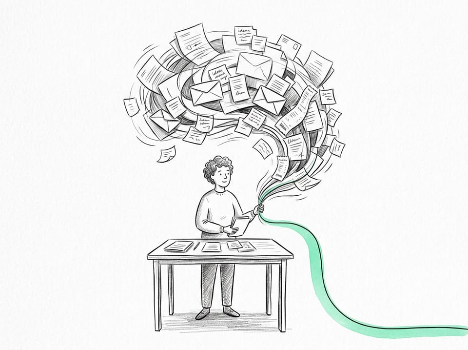 Illustration: a person at a desk draws a whirl of paperwork into one mint line that runs out of the frame.