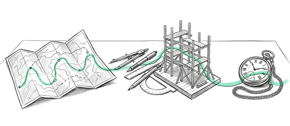 Illustration: a folded map, drawing tools, a timber frame going up and a pocket watch, joined by one mint line from the map to the watch.