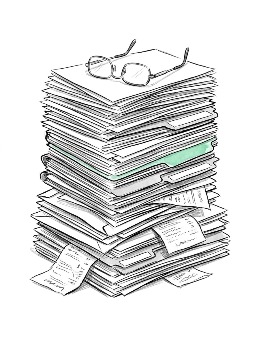 Pen-and-ink drawing of a tall stack of tax papers with reading glasses on top, one page edged in mint