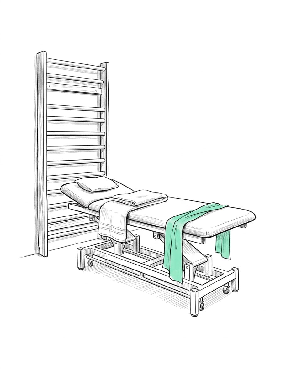 Pen-and-ink drawing of a treatment table beside a wall ladder in a physiotherapy room, a mint towel draped across the table