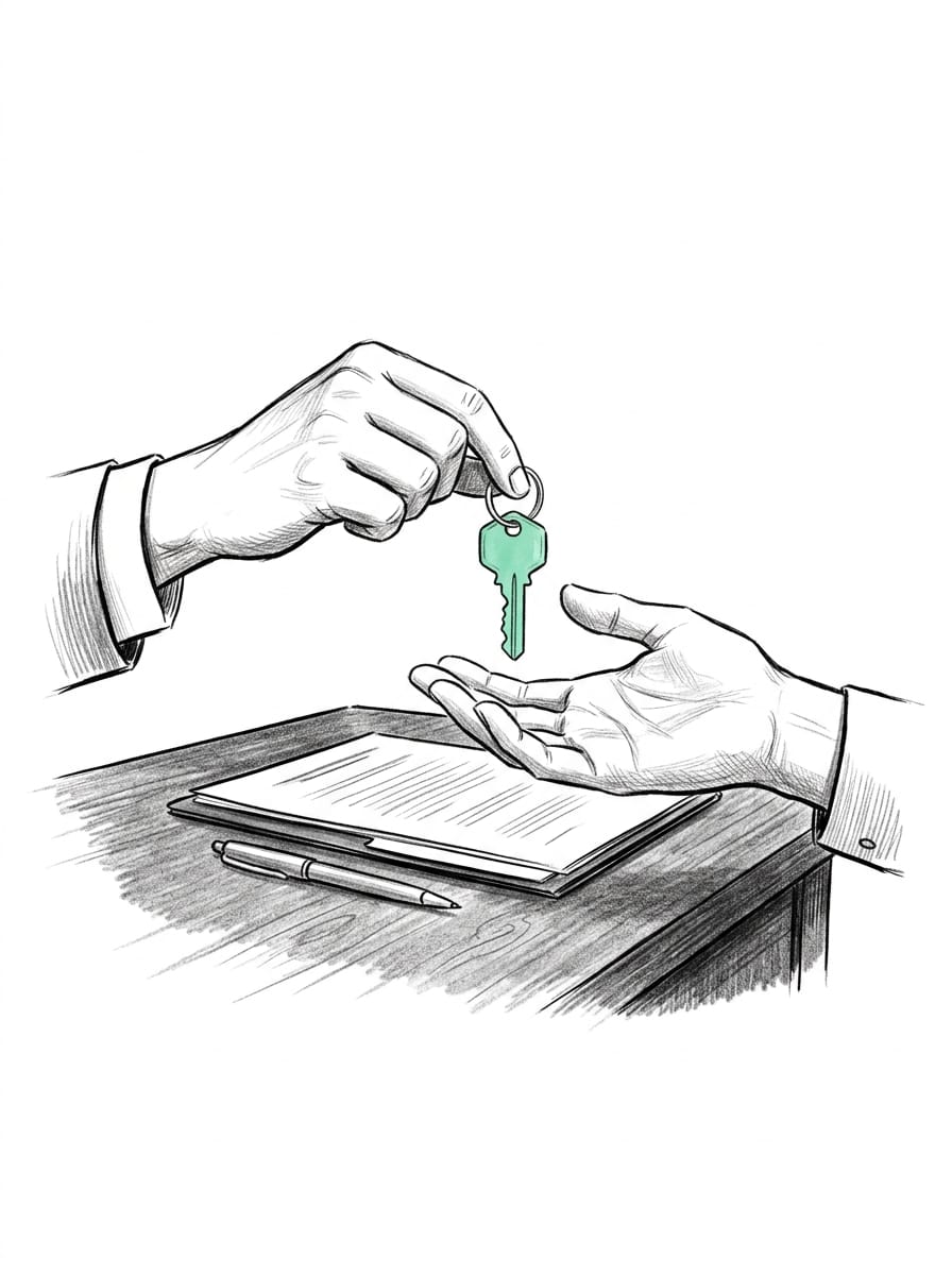 Pen-and-ink drawing of one hand passing a house key to another across a desk with signed papers and a pen, the key in mint