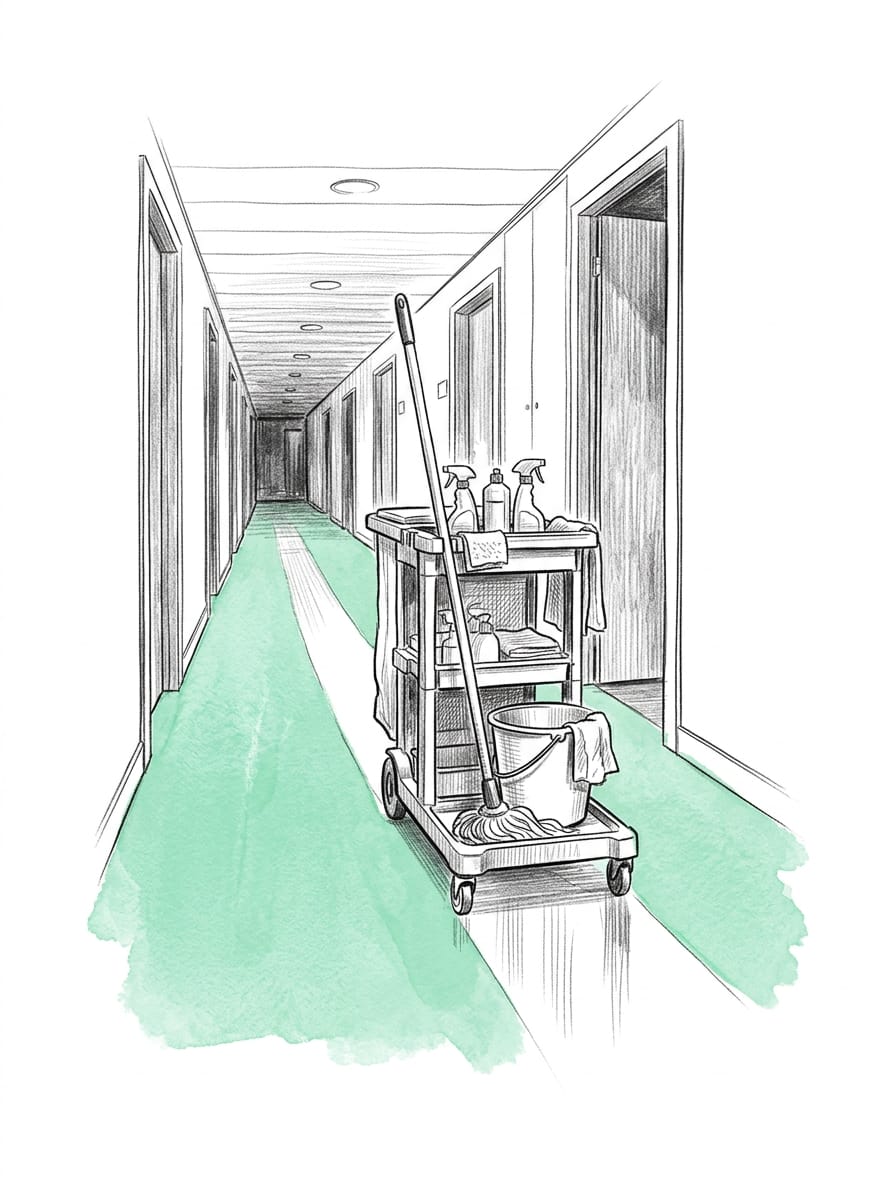 Pen-and-ink drawing of a cleaning trolley with a mop, bucket and spray bottles in a long office corridor, the freshly cleaned floor washed in mint