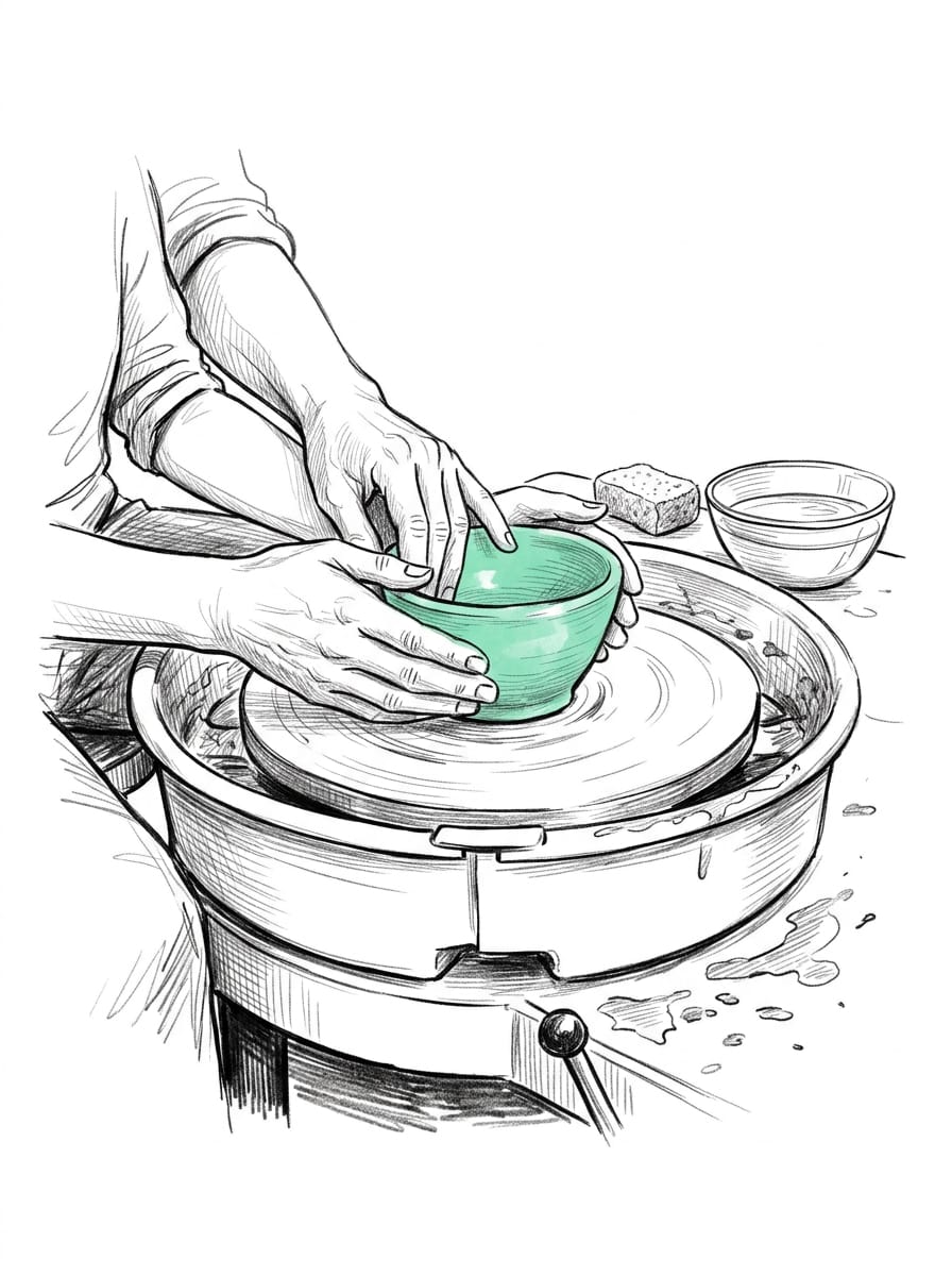 Pen-and-ink drawing of a teacher's hands guiding a student's hands on a potter's wheel, the bowl they shape in mint