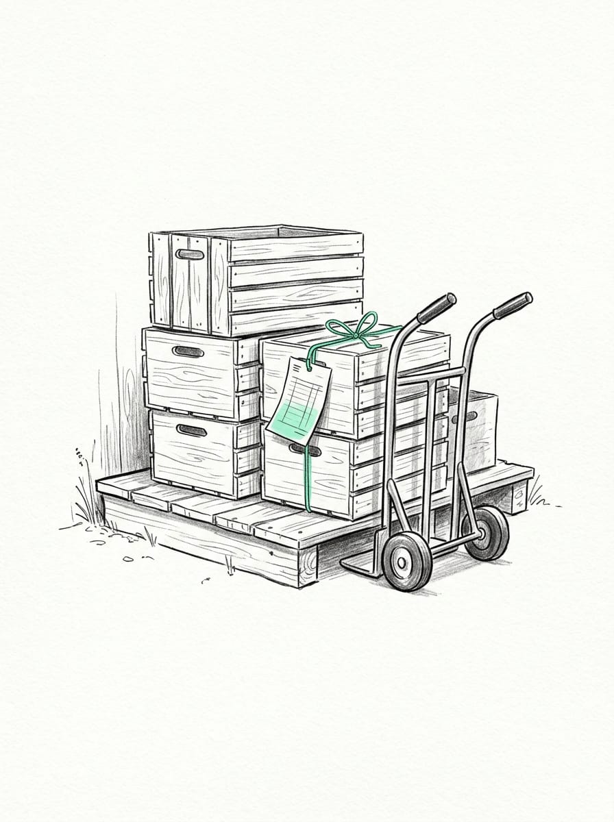 Pen-and-ink drawing of a hand truck stacked with produce crates, one crate picked out in mint