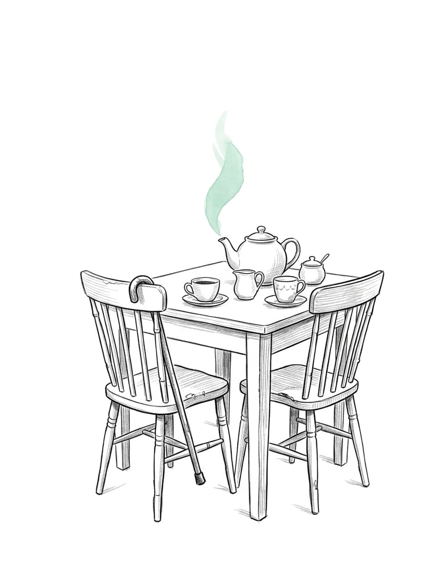 Pen-and-ink drawing of a kitchen table set for two with a teapot and cups, a walking cane hooked over one chair, mint steam rising from the pot