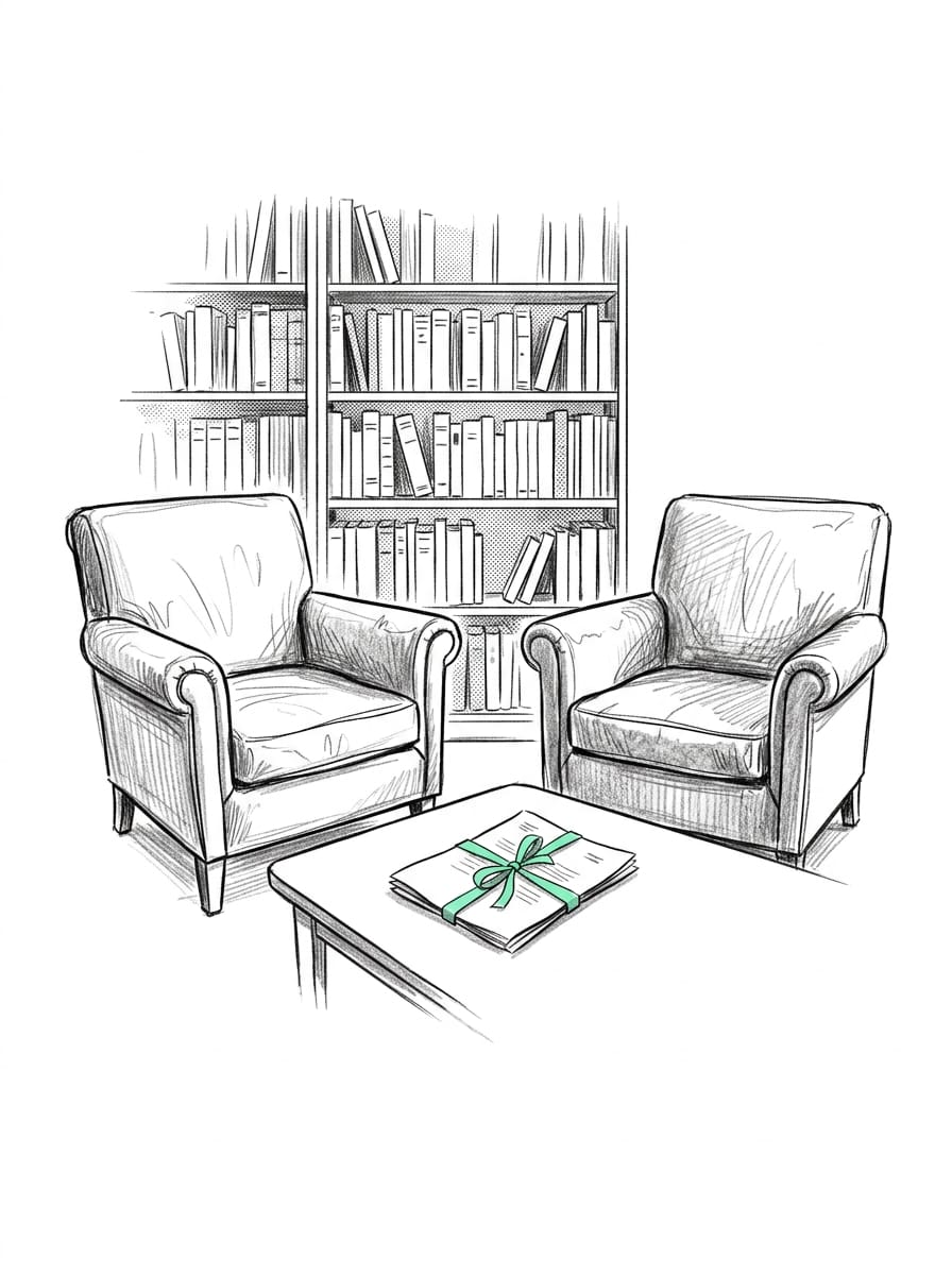 Pen-and-ink drawing of two armchairs facing across a low table in a quiet office, where a folded document lies tied with a mint ribbon