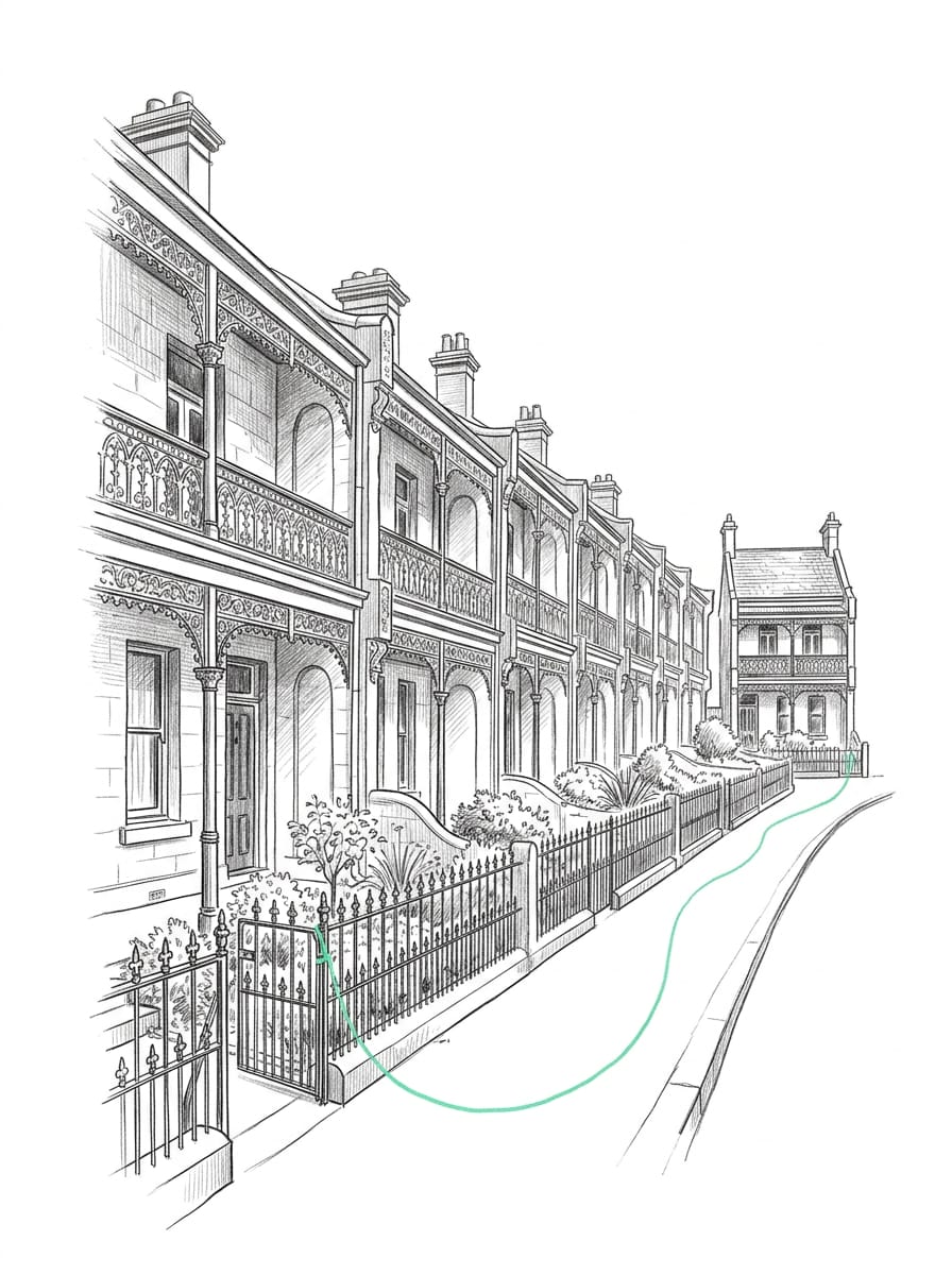 Pen-and-ink drawing of a street of Victorian terrace houses with iron lace verandas, a mint thread running along the front fences from gate to gate