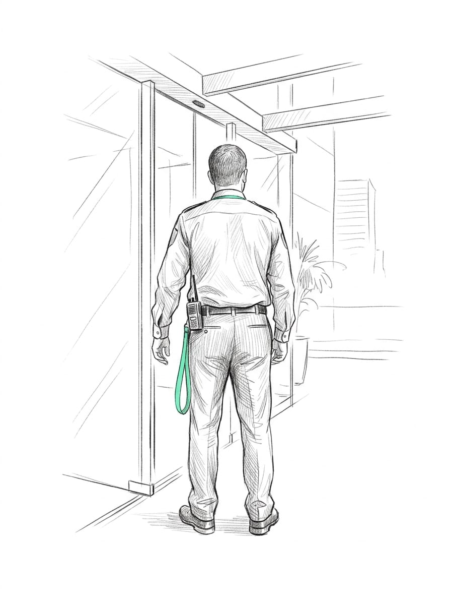 Pen-and-ink drawing of a security guard at a building entrance, the door frame picked out in mint