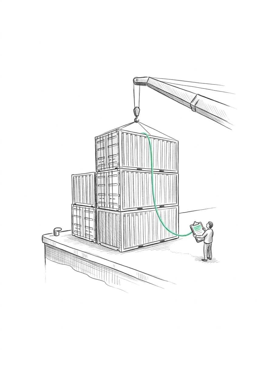 Pen-and-ink drawing of a crane lowering a stack of freight crates onto a loading dock