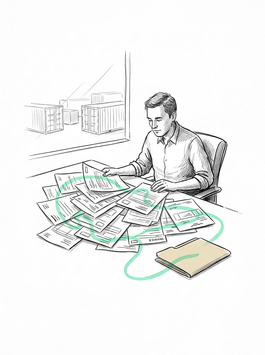 Pen-and-ink drawing of a freight clerk at a desk buried in shipping documents, one mint thread running through them