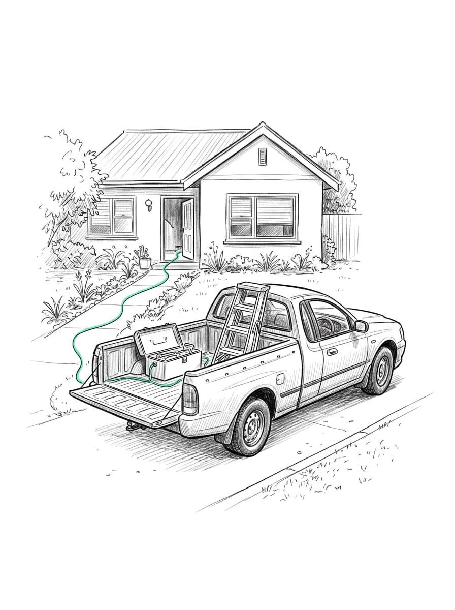 Pen-and-ink drawing of a work ute in a suburban driveway with its tailgate down, a mint extension cord running from the toolbox to the open front door