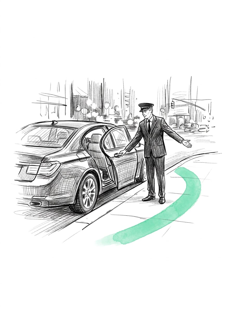Pen-and-ink drawing of a chauffeur holding a car door open for a passenger, a mint line tracing the road ahead