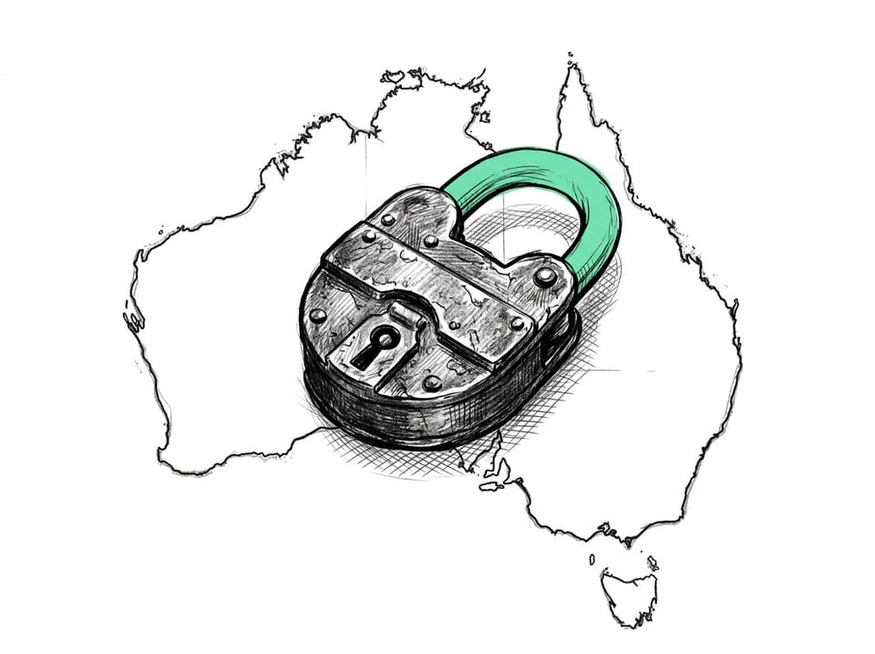 Illustration: an old iron padlock with a mint shackle, drawn over a map of Australia.