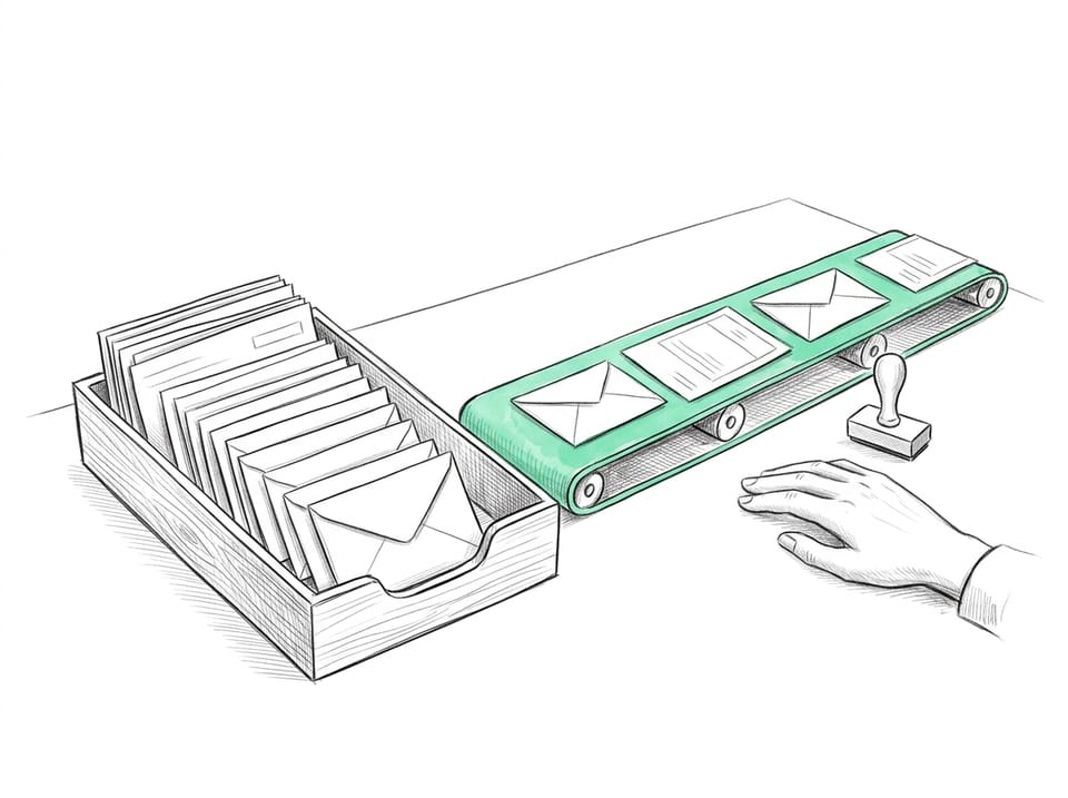Pen-and-ink drawing of a small conveyor belt carrying sealed envelopes and blank forms across a desk from a wooden in-tray towards a calm hand resting beside a rubber stamp, with the conveyor belt in mint.
