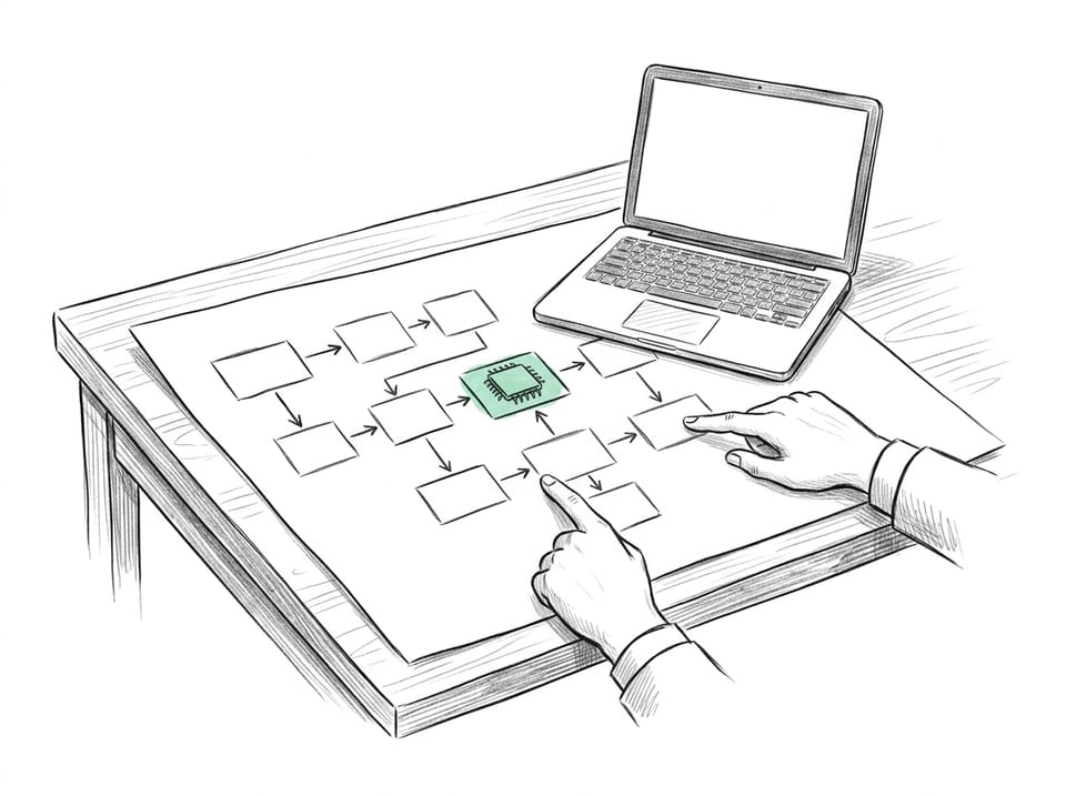 Pen-and-ink drawing of a hand-drawn process map on paper, with two hands pointing at it and a small microchip in mint resting on the one box where AI fits.