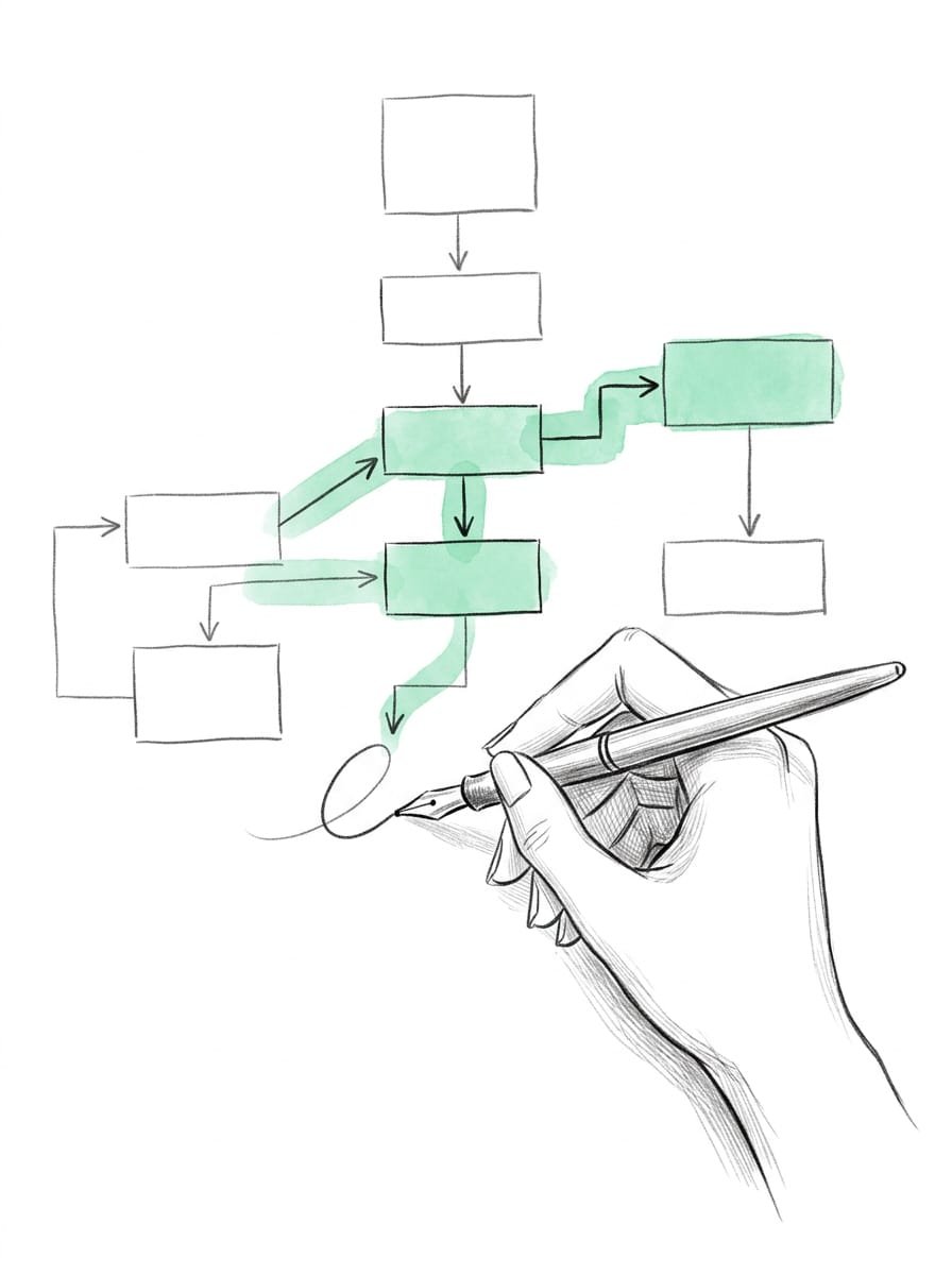 Illustration: a hand with a fountain pen drawing a workflow of linked boxes, the path through it washed in mint.