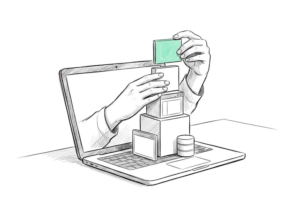 Pen-and-ink drawing of two hands rising from an open laptop screen, stacking blank software building blocks and fitting the final block into place, with that last block in mint.