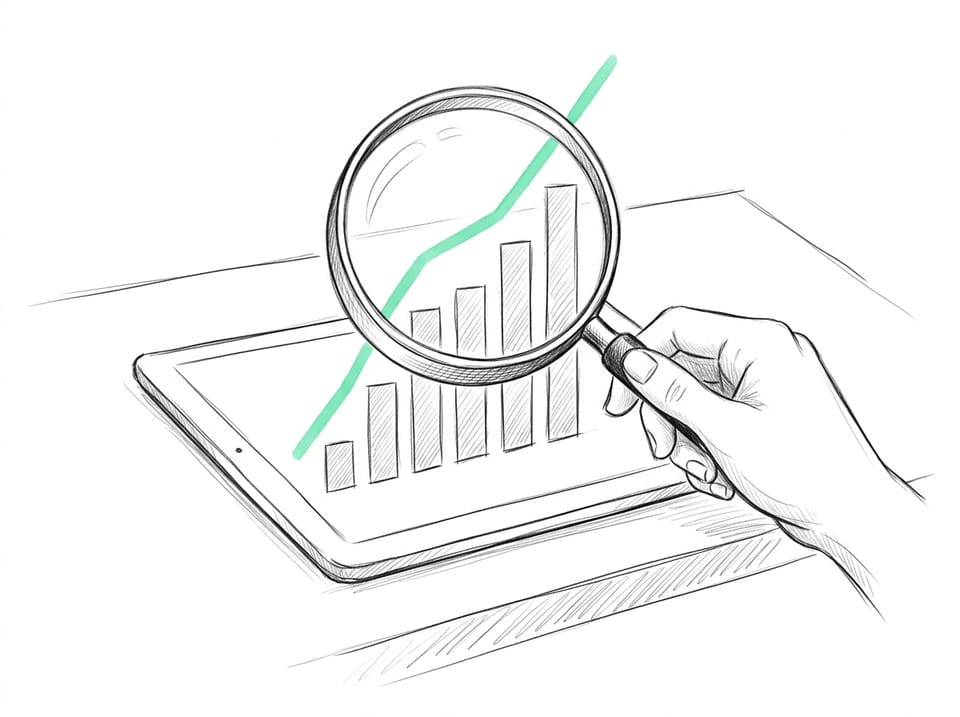 Pen-and-ink drawing of a hand holding a magnifying glass over a tablet showing a bar chart, with a rising mint line climbing across the bars and past the top edge of the tablet.