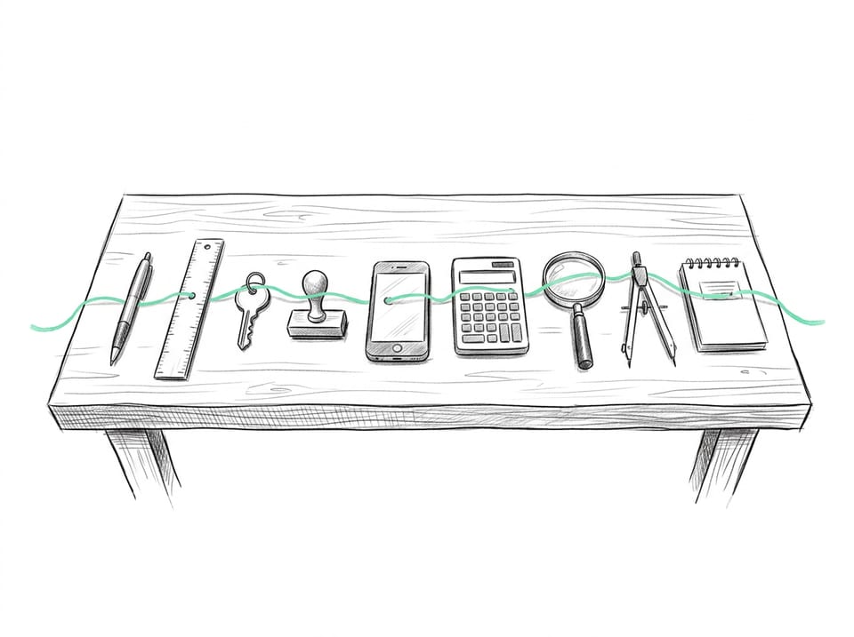 Illustration: a workbench of everyday tools, a pen, a ruler, a key, a stamp, a phone, a calculator, a magnifier, compasses and a notepad, joined by one mint line.