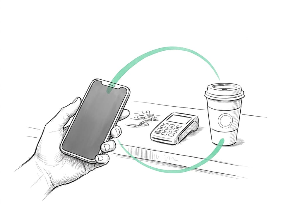 Pen-and-ink drawing of a cafe counter with a takeaway coffee cup and card reader, and a hand holding a phone with a mint line arcing from the phone to the coffee cup.