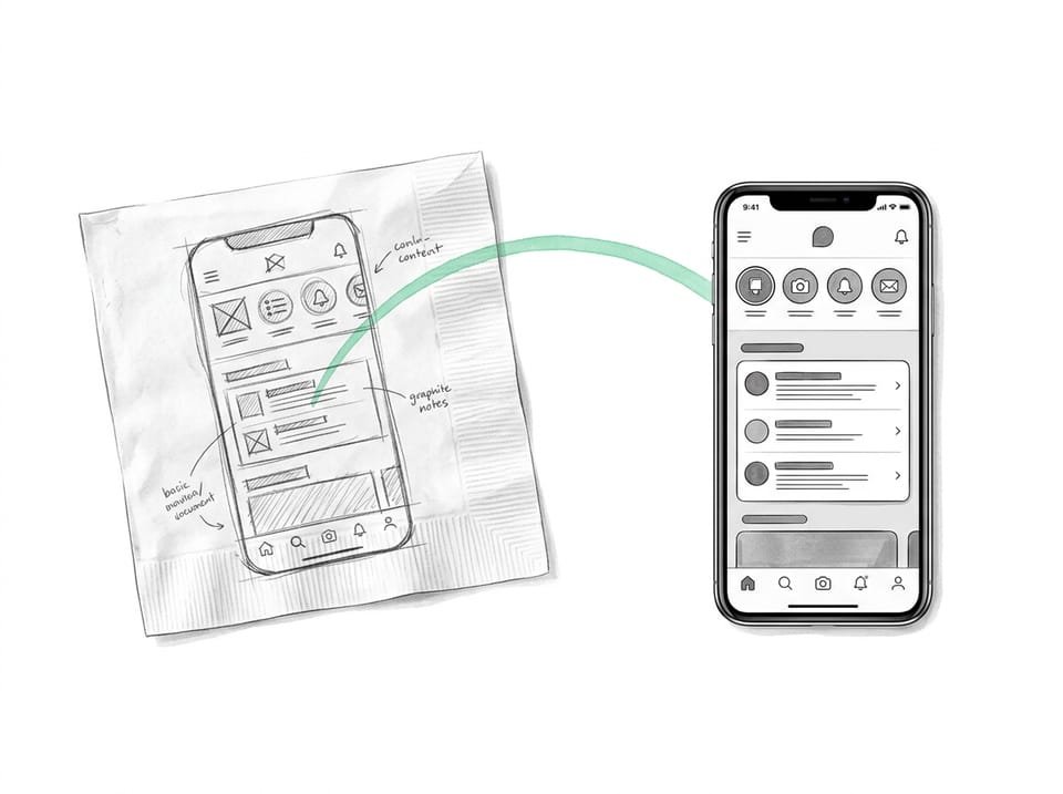 Illustration: an app sketched in pencil on a paper napkin, joined by a mint line to the finished app on a phone.