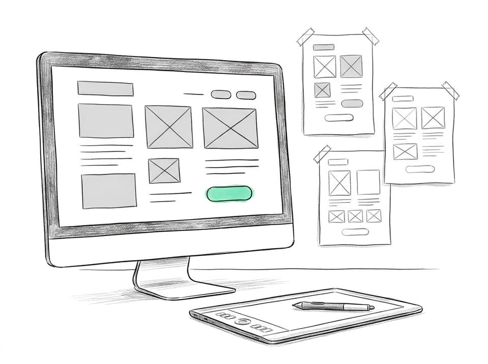 Pen-and-ink drawing of a designer's desk with a monitor showing a blank app layout, paper sketches taped to the wall, and a drawing tablet, with one rounded button on the screen in mint.