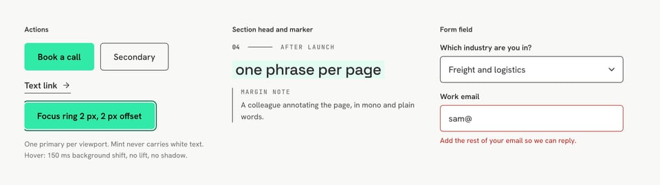 The Crux Labs component sheet: a mint Book a call button beside a secondary button, a text link, the focus ring, a numbered section marker with a margin note, and a form field with its error message.