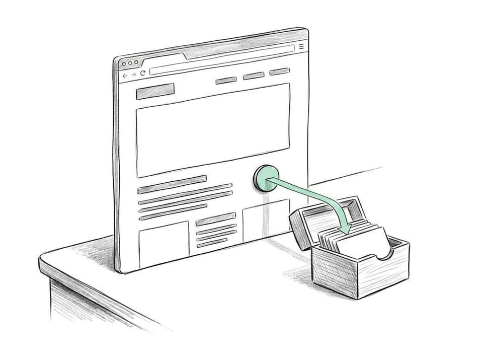 Pen-and-ink drawing of a website page standing upright on a desk, with a mint line running from its button down into a wooden card-index box of customer records beside it.