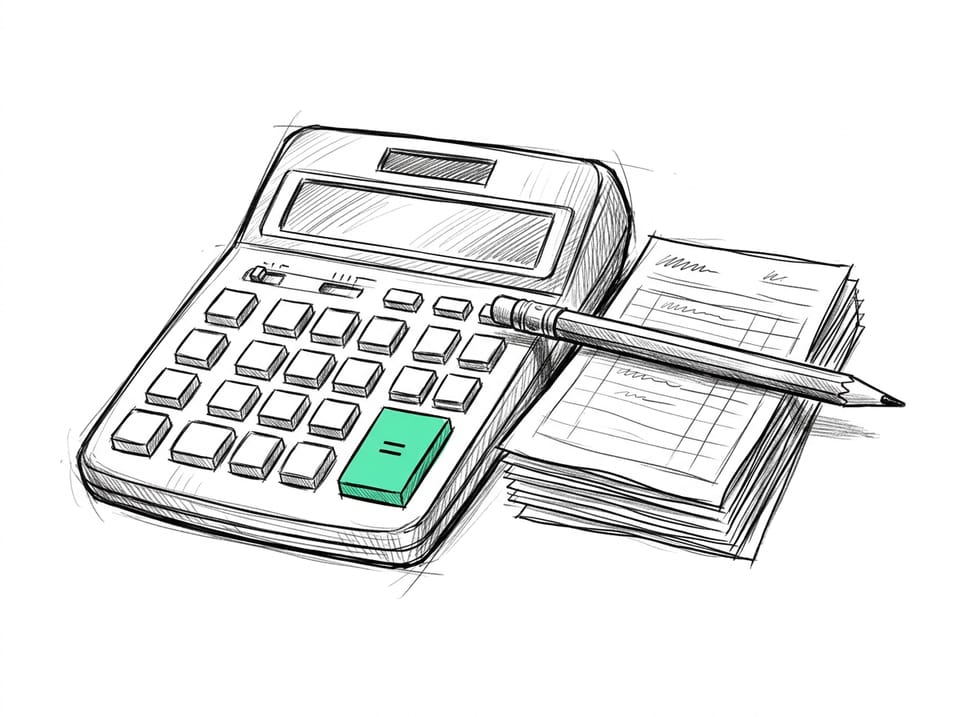 Illustration: a desk calculator on a pile of invoices, its equals key in mint, a pencil across the keys.