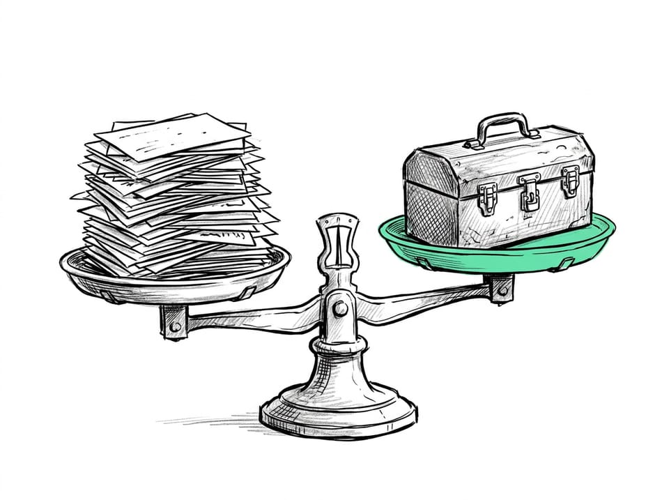 Illustration: a balance scale weighing a stack of papers against a toolbox resting on a mint pan.