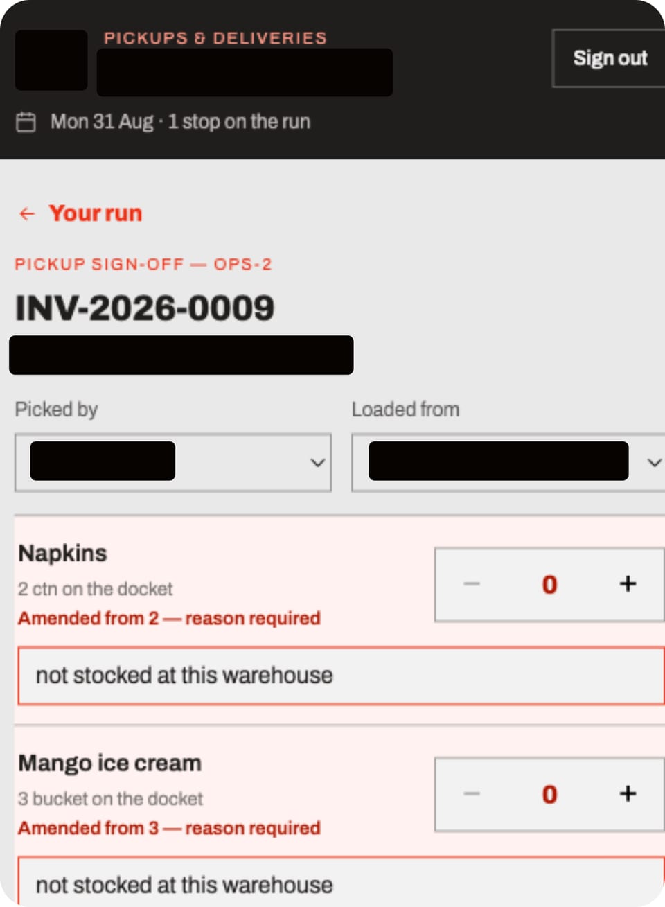 The franchise network's driver sign-off screen: an invoice's items, each amended quantity with its reason, names redacted.
