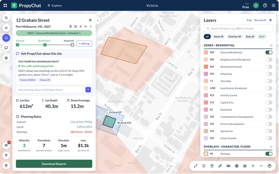 PropyChat on a Port Melbourne lot: the site panel with its zone, an answer that cites the planning clauses, the lot measured on the map, and the zone and overlay layers.