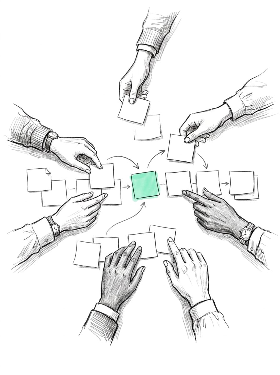 Illustration: hands round a table of sticky notes, arrows joining them to one mint note in the middle.