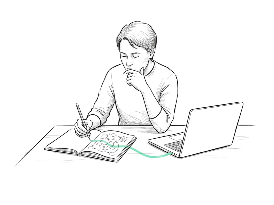 Illustration: a person at a desk sketches a workflow in a notebook, and a mint line runs from the page to an open laptop.